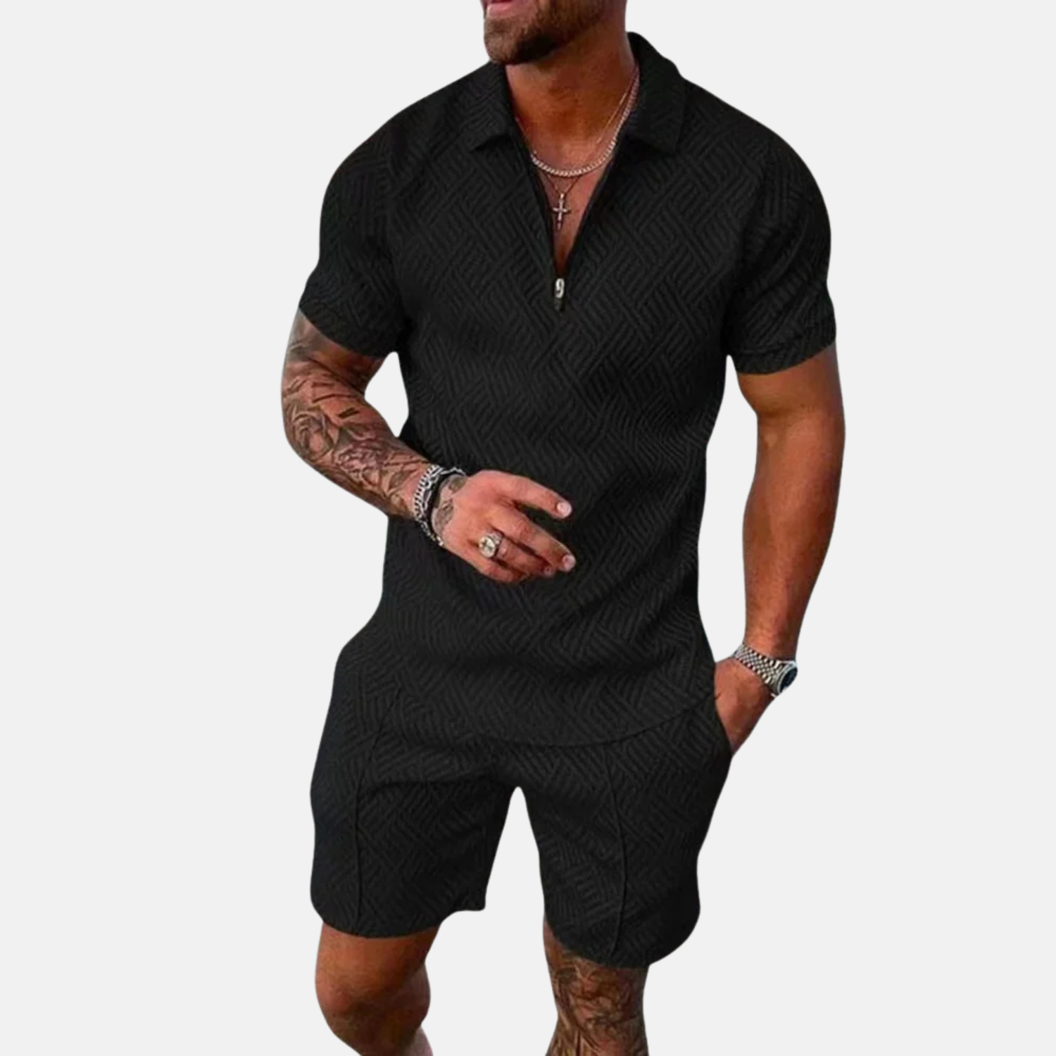 Men’s Textured Short Sleeve Polo & Shorts Set Prescott Mode