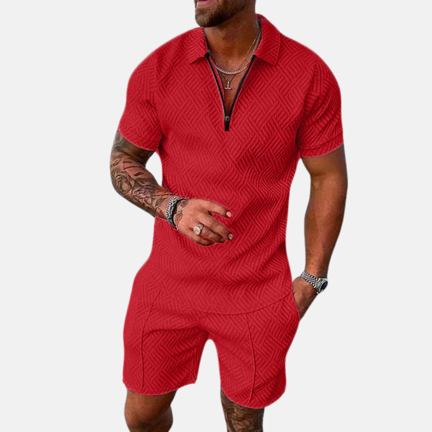Men’s Textured Short Sleeve Polo & Shorts Set Prescott Mode