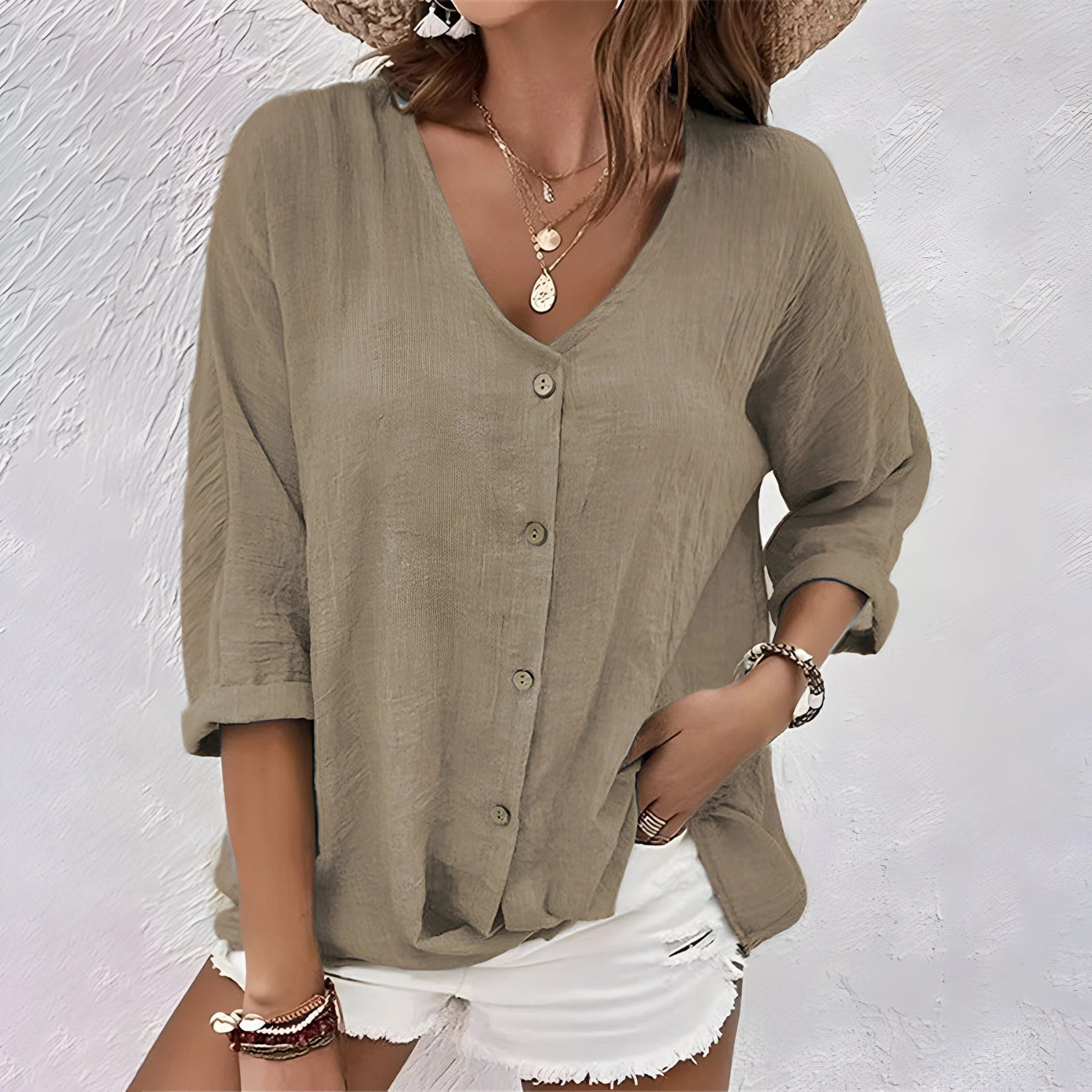 Women’s Casual V-Neck Button-Up Blouse Prescott Mode