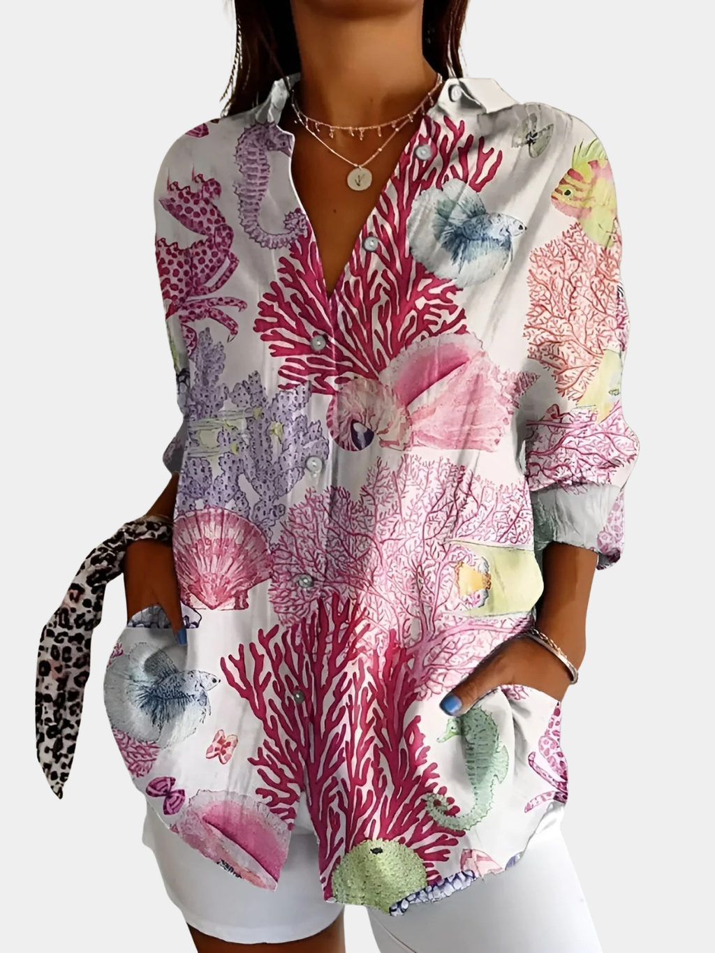 Women’s Button-Up Blouse with Whimsical Prints Prescott Mode