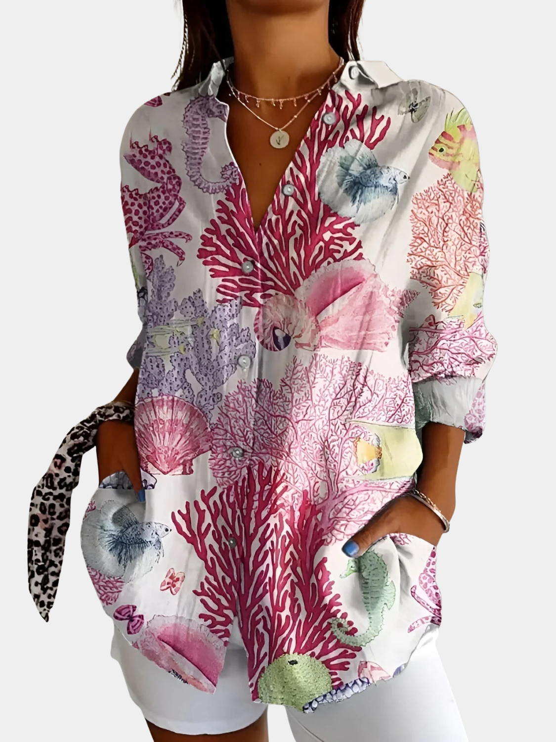 Women’s Button-Up Blouse with Whimsical Prints Prescott Mode