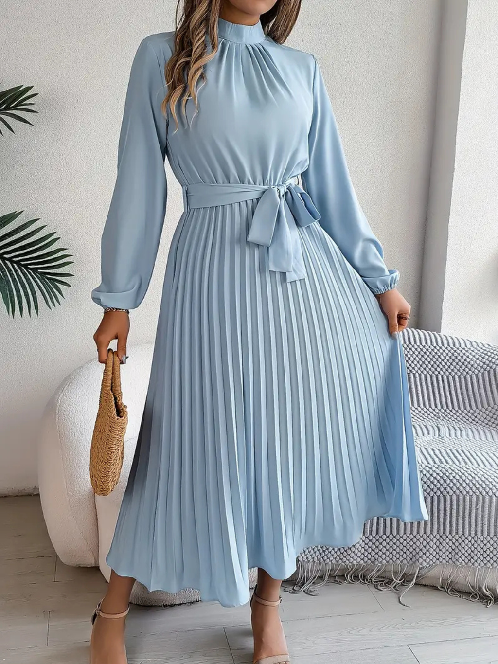 Women's Elegant Pleated Midi Dress with Waist Tie Prescott Mode