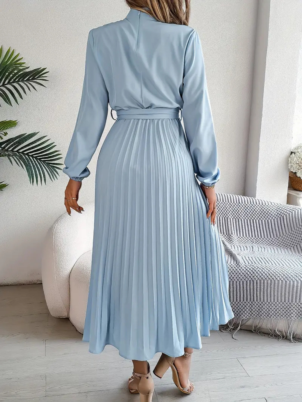 Women's Elegant Pleated Midi Dress with Waist Tie Prescott Mode
