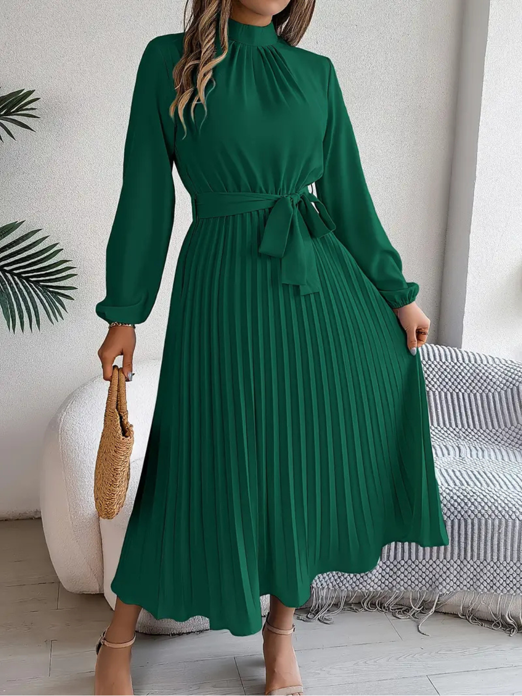 Women's Elegant Pleated Midi Dress with Waist Tie Prescott Mode