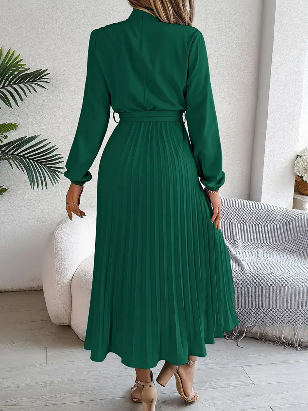 Women's Elegant Pleated Midi Dress with Waist Tie Prescott Mode