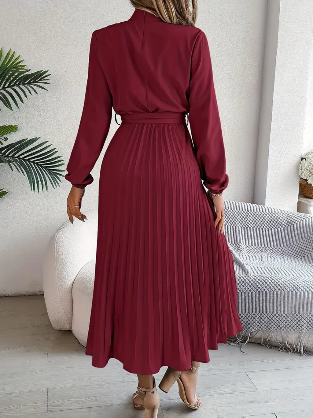 Women's Elegant Pleated Midi Dress with Waist Tie Prescott Mode