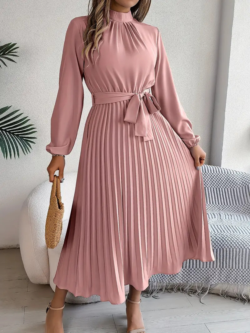 Women's Elegant Pleated Midi Dress with Waist Tie Prescott Mode
