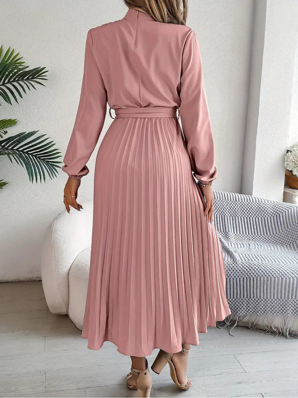 Women's Elegant Pleated Midi Dress with Waist Tie Prescott Mode