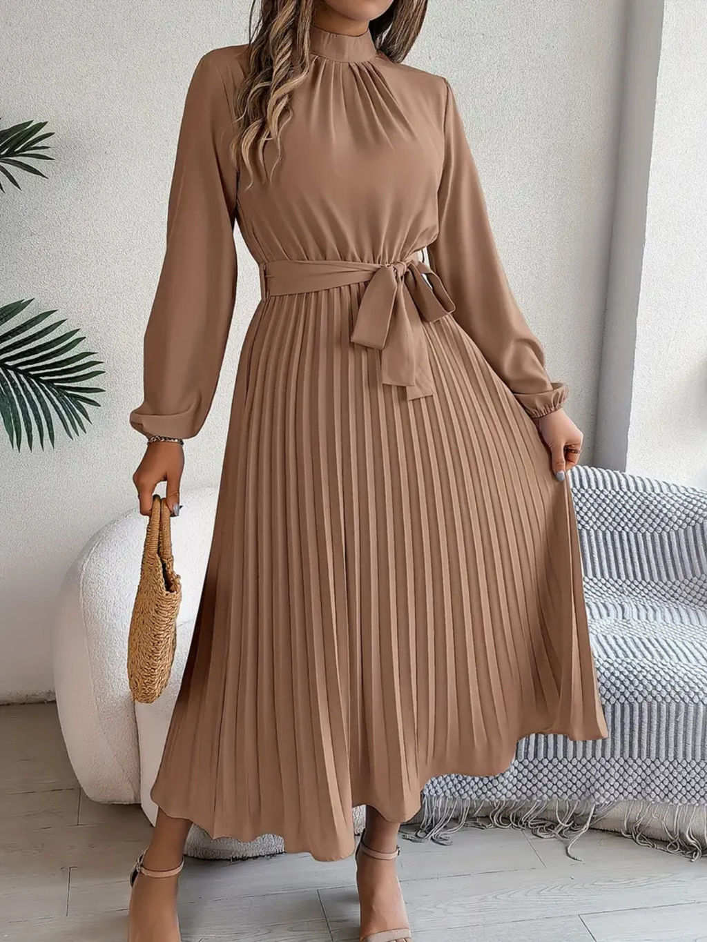 Women's Elegant Pleated Midi Dress with Waist Tie Prescott Mode