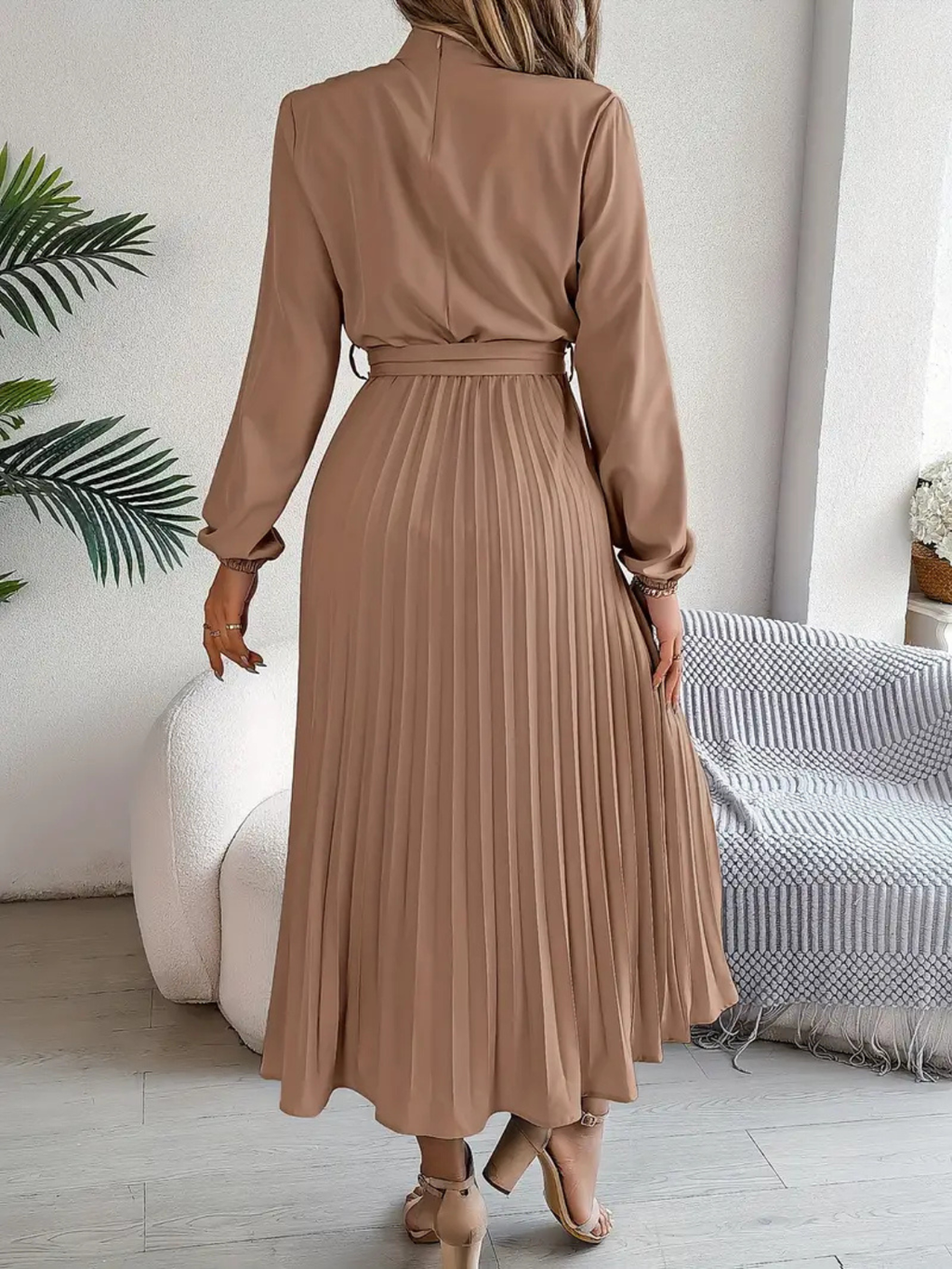Women's Elegant Pleated Midi Dress with Waist Tie Prescott Mode