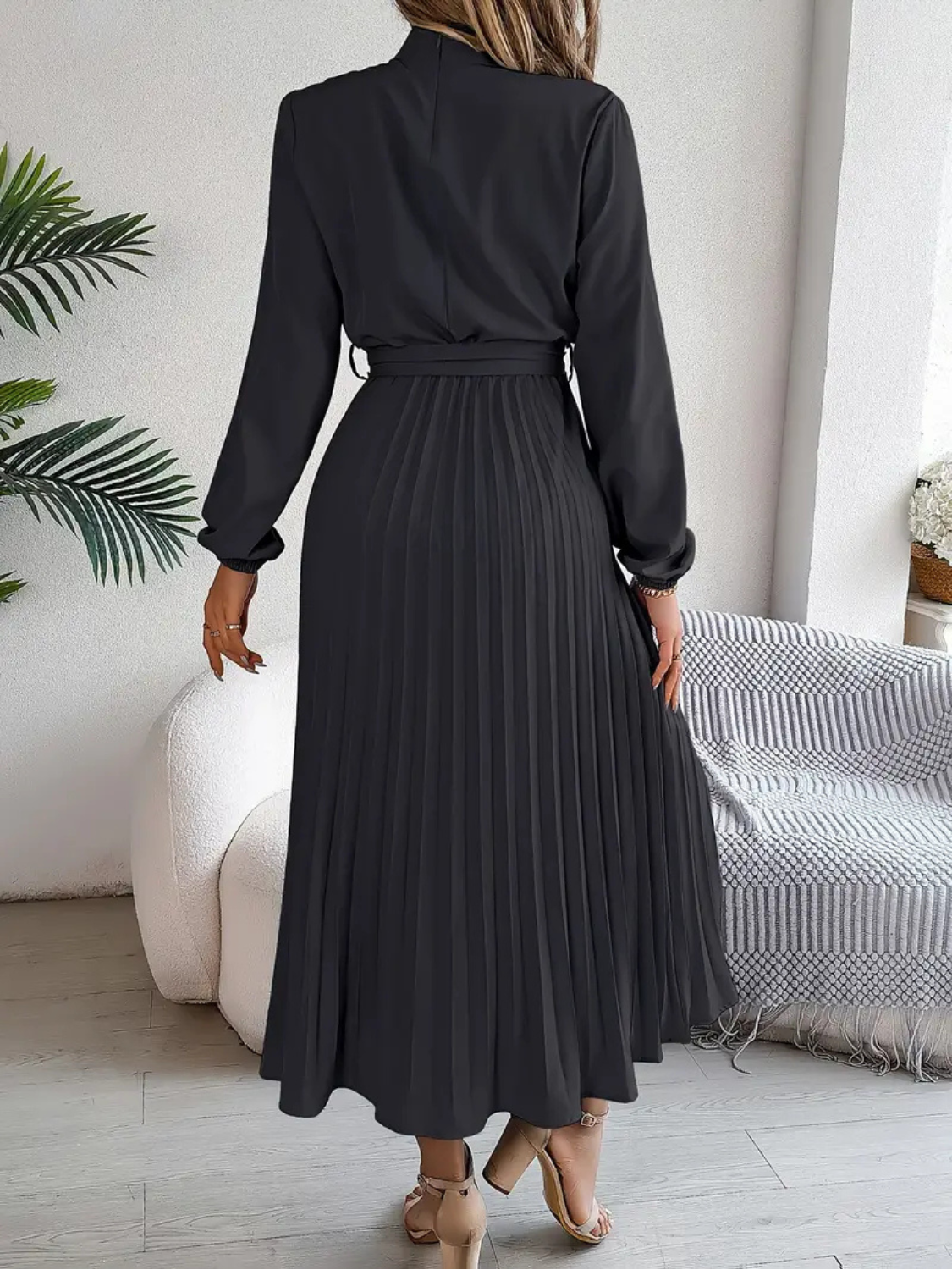 Women's Elegant Pleated Midi Dress with Waist Tie Prescott Mode