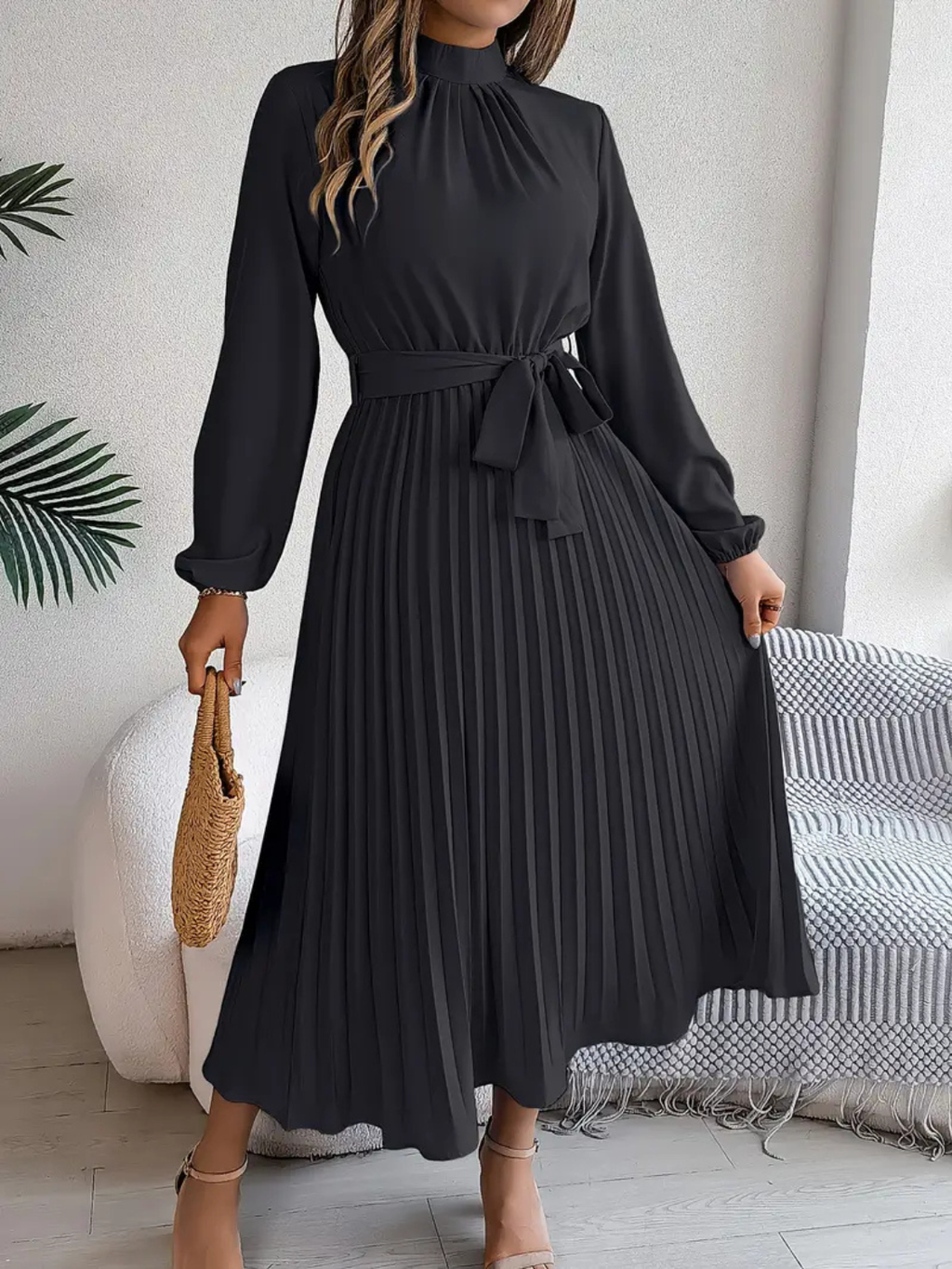 Women's Elegant Pleated Midi Dress with Waist Tie Prescott Mode