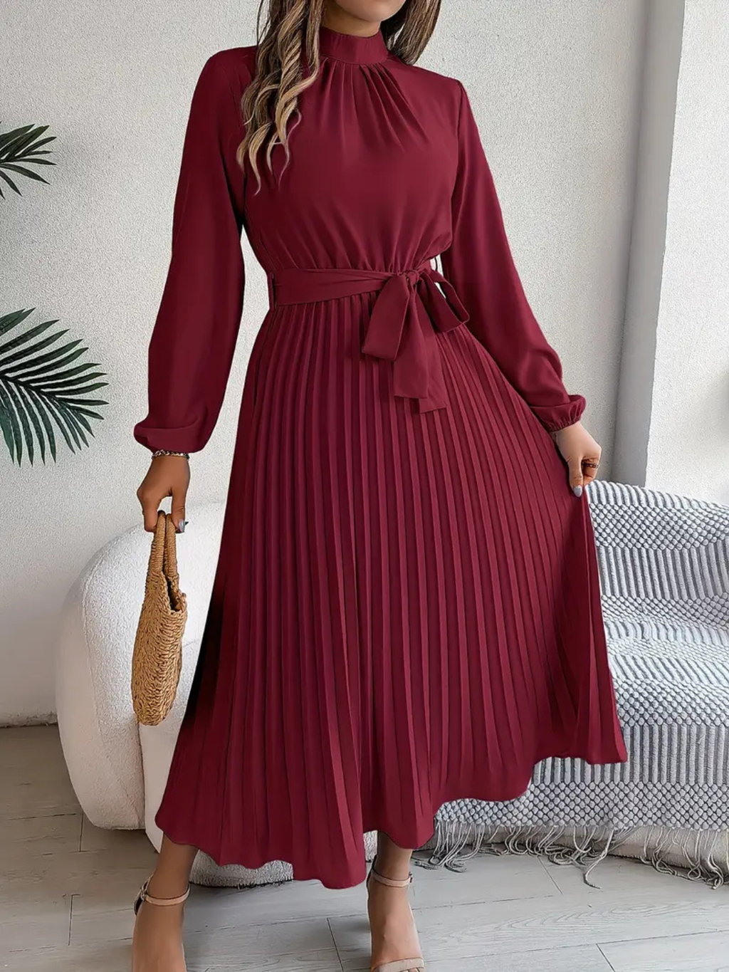 Women's Elegant Pleated Midi Dress with Waist Tie Prescott Mode