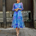 Women’s Elegant Sheer Puff Sleeve Floral Midi Dress Prescott Mode