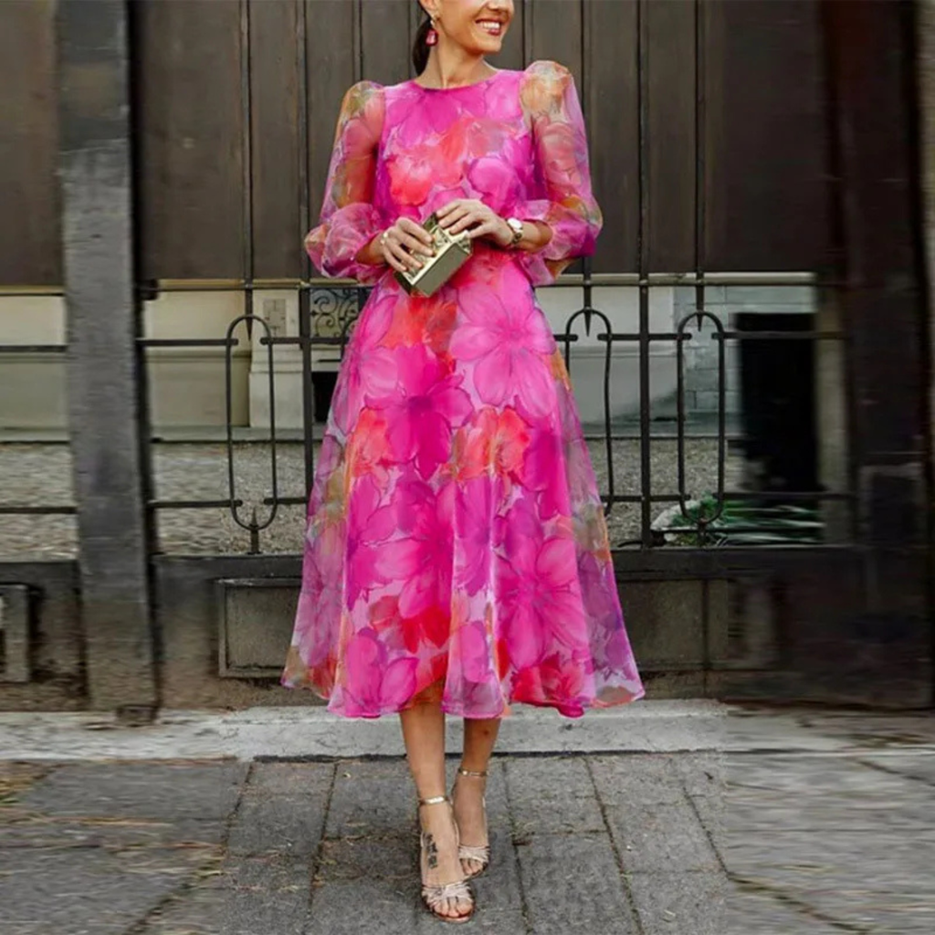 Women’s Elegant Sheer Puff Sleeve Floral Midi Dress Prescott Mode
