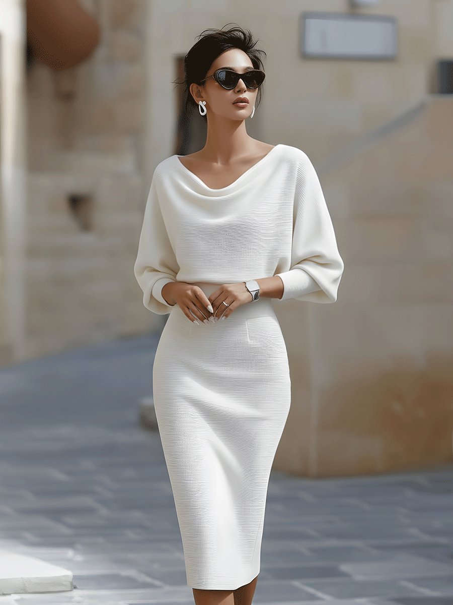 Bodycon Midi Dress Cowl Neck Satin Batwing Sleeves