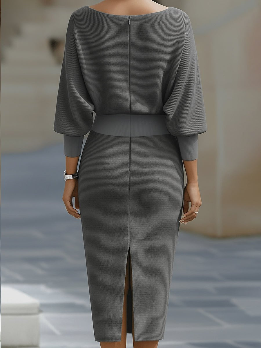Bodycon Midi Dress Cowl Neck Satin Batwing Sleeves