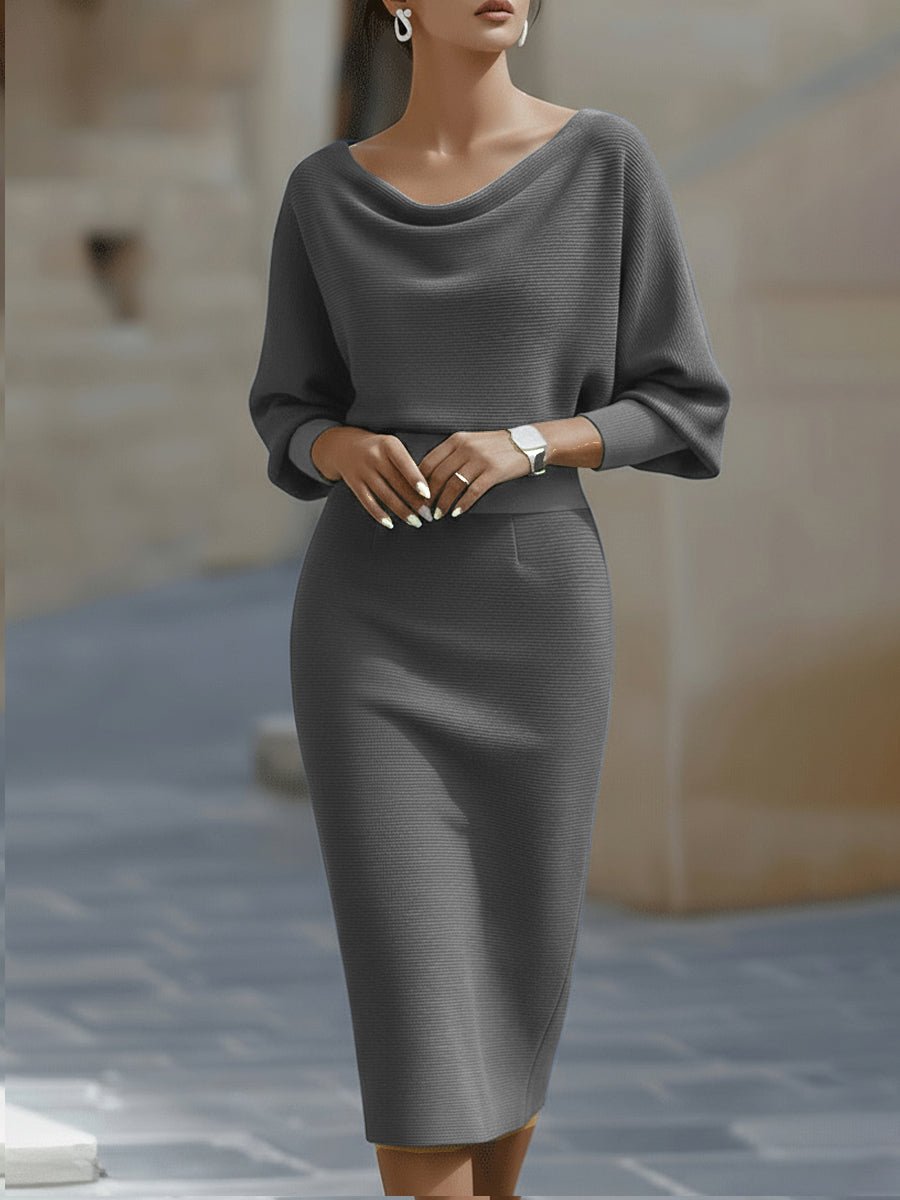 Bodycon Midi Dress Cowl Neck Satin Batwing Sleeves - Gray