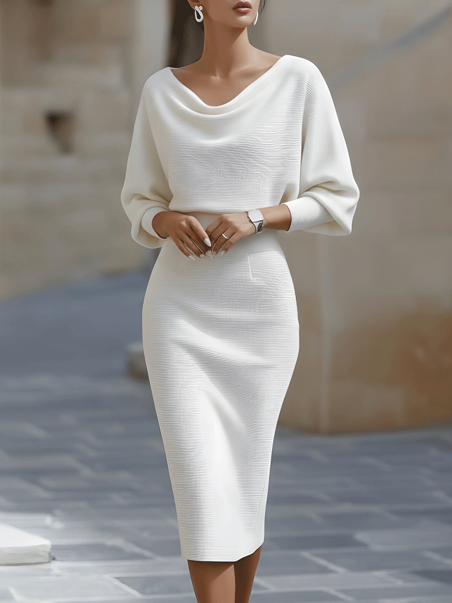 Bodycon Midi Dress Cowl Neck Satin Batwing Sleeves - White