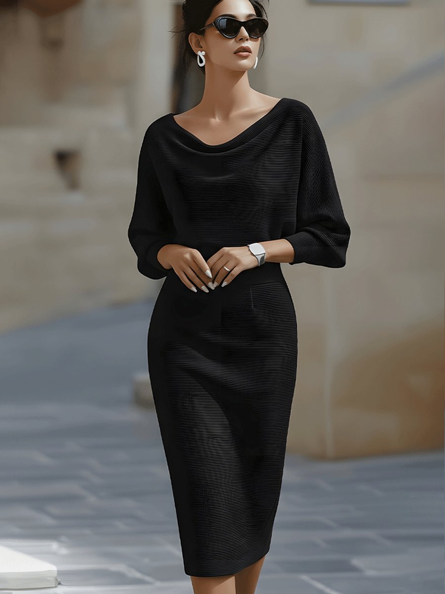 Bodycon Midi Dress Cowl Neck Satin Batwing Sleeves