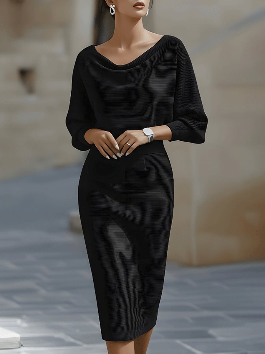 Bodycon Midi Dress Cowl Neck Satin Batwing Sleeves - Black