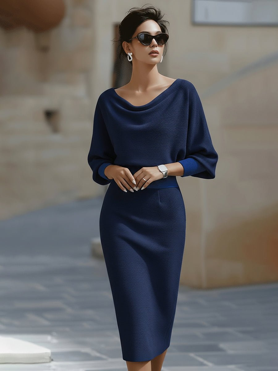 Bodycon Midi Dress Cowl Neck Satin Batwing Sleeves - Navy