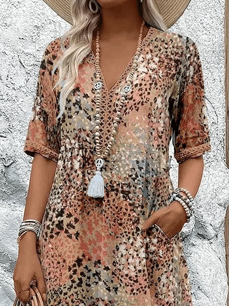 Bohemian V-Neck Midi Dress Half Sleeve Flowy Summer