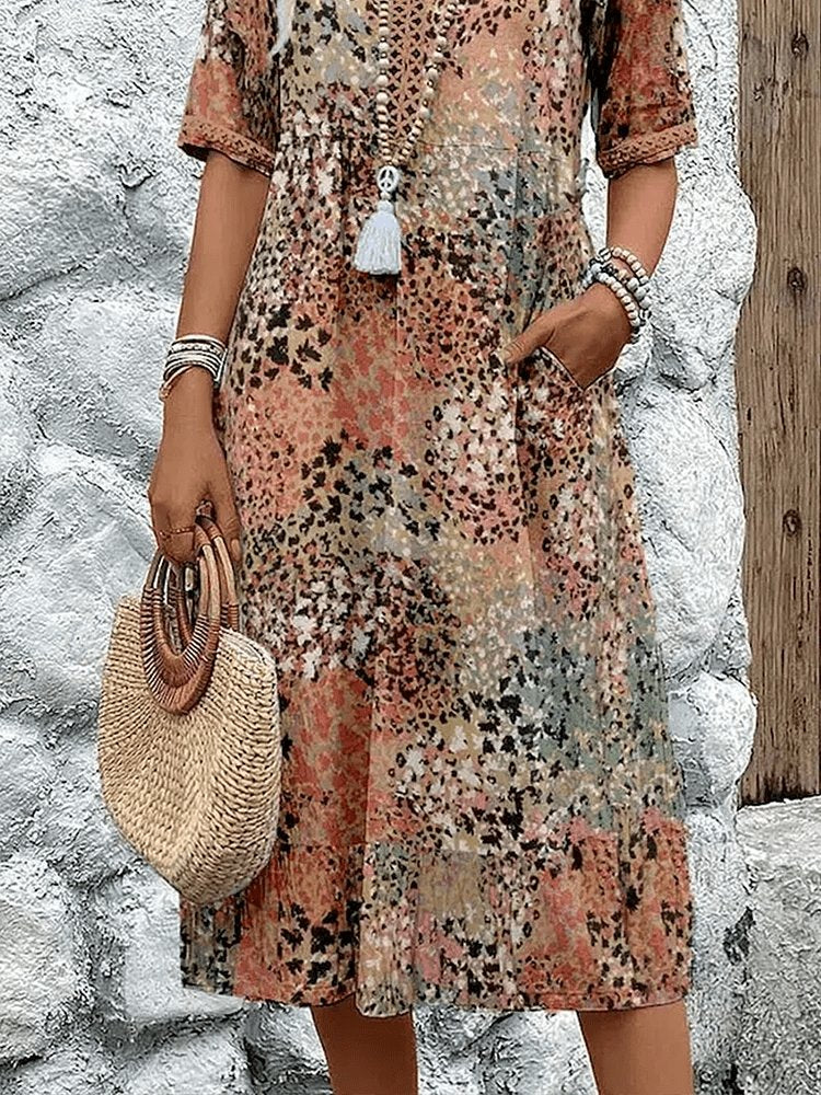 Bohemian V-Neck Midi Dress Half Sleeve Flowy Summer
