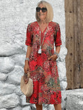 Bohemian V-Neck Midi Dress Half Sleeve Flowy Summer - Scarlet Red