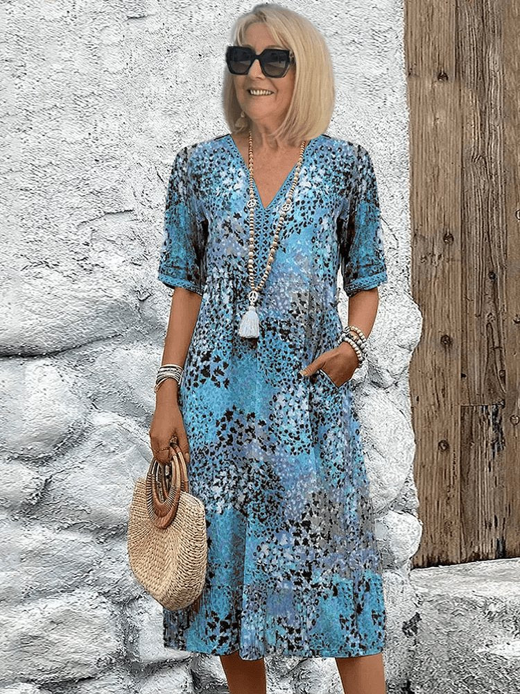 Bohemian V-Neck Midi Dress Half Sleeve Flowy Summer - Ocean Blue