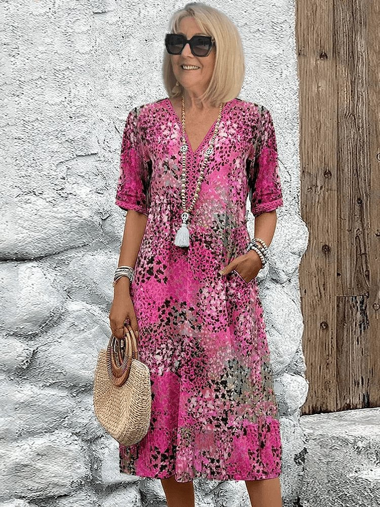 Bohemian V-Neck Midi Dress Half Sleeve Flowy Summer - Blush Pink
