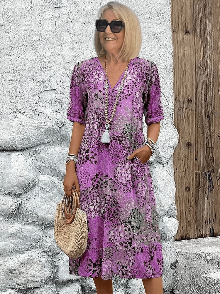 Bohemian V-Neck Midi Dress Half Sleeve Flowy Summer - Lavender Purple