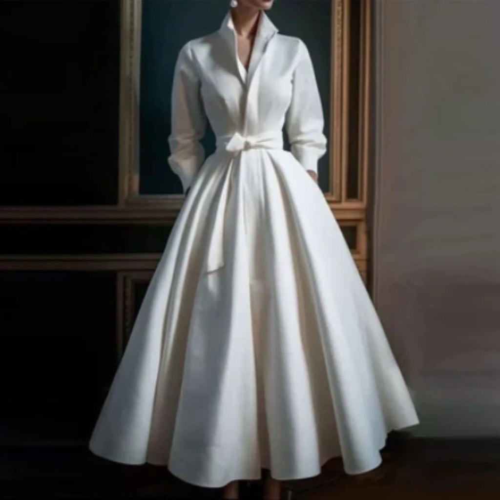 Boho A-Line Midi Dress V-Neck Long Sleeve Belted Waist - White