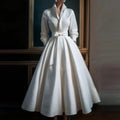 Boho A-Line Midi Dress V-Neck Long Sleeve Belted Waist - White