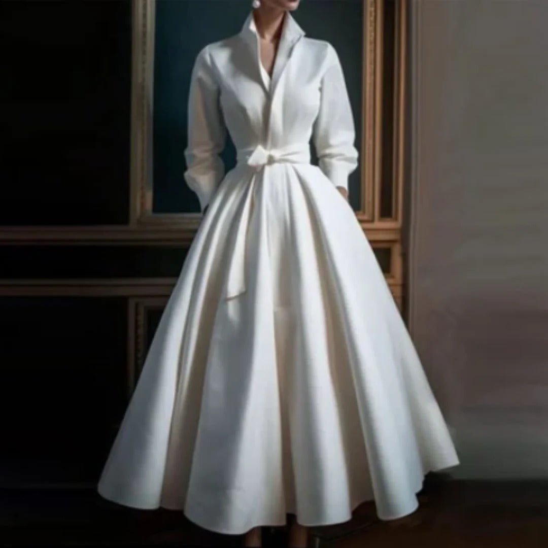 Boho A-Line Midi Dress V-Neck Long Sleeve Belted Waist - White