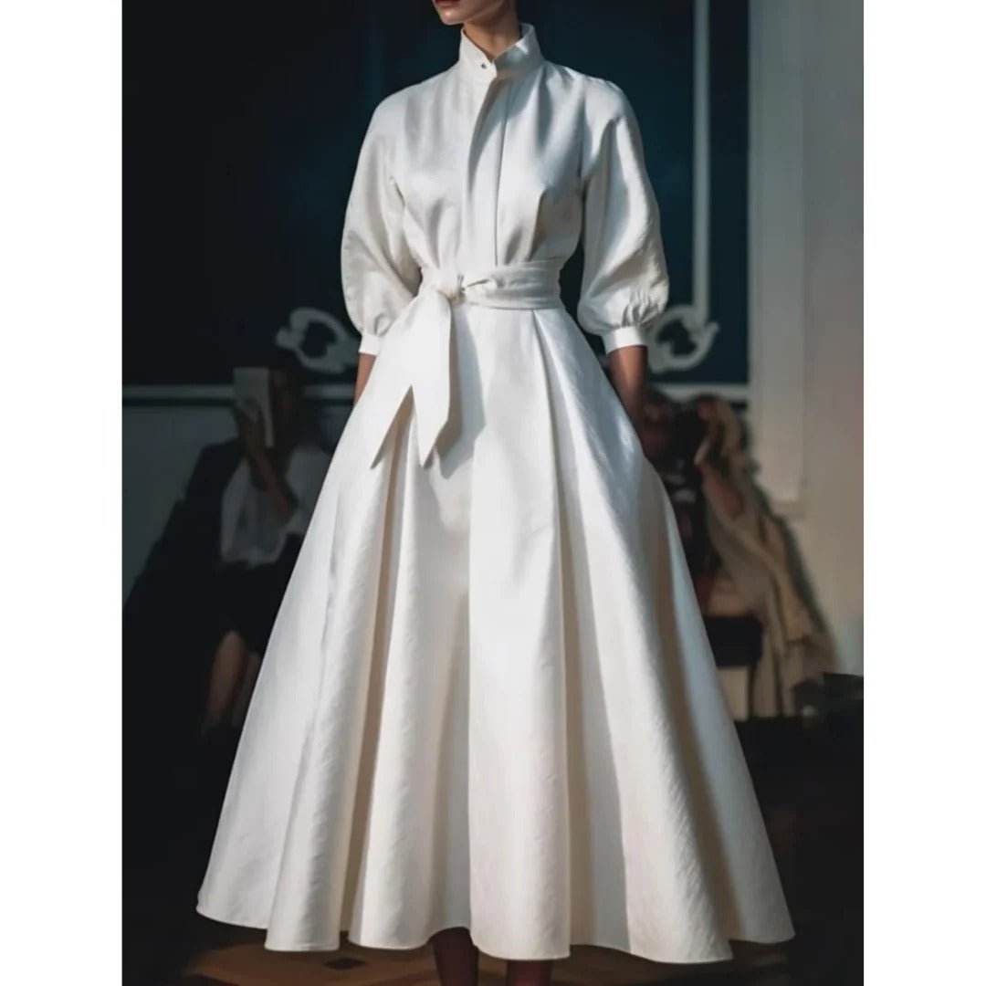 Boho A-Line Midi Dress V-Neck Long Sleeve Belted Waist