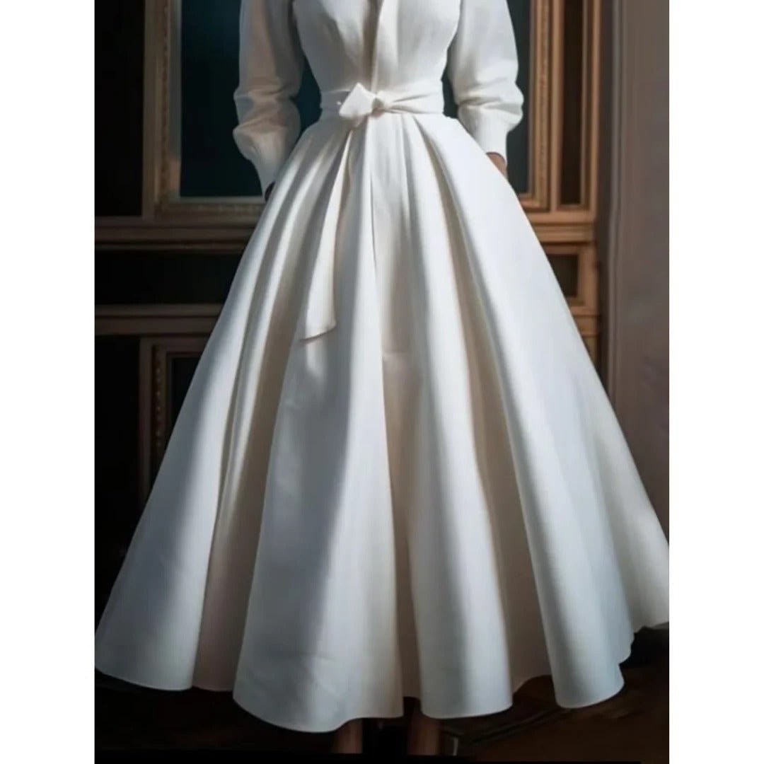 Boho A-Line Midi Dress V-Neck Long Sleeve Belted Waist