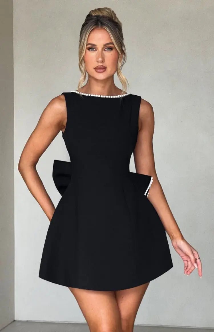 Boho A-Line Mini Dress Sleeveless Beaded Neckline - Black