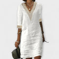 Boho Crochet Dress V-Neck 3/4 Sleeve Relaxed Fit - White