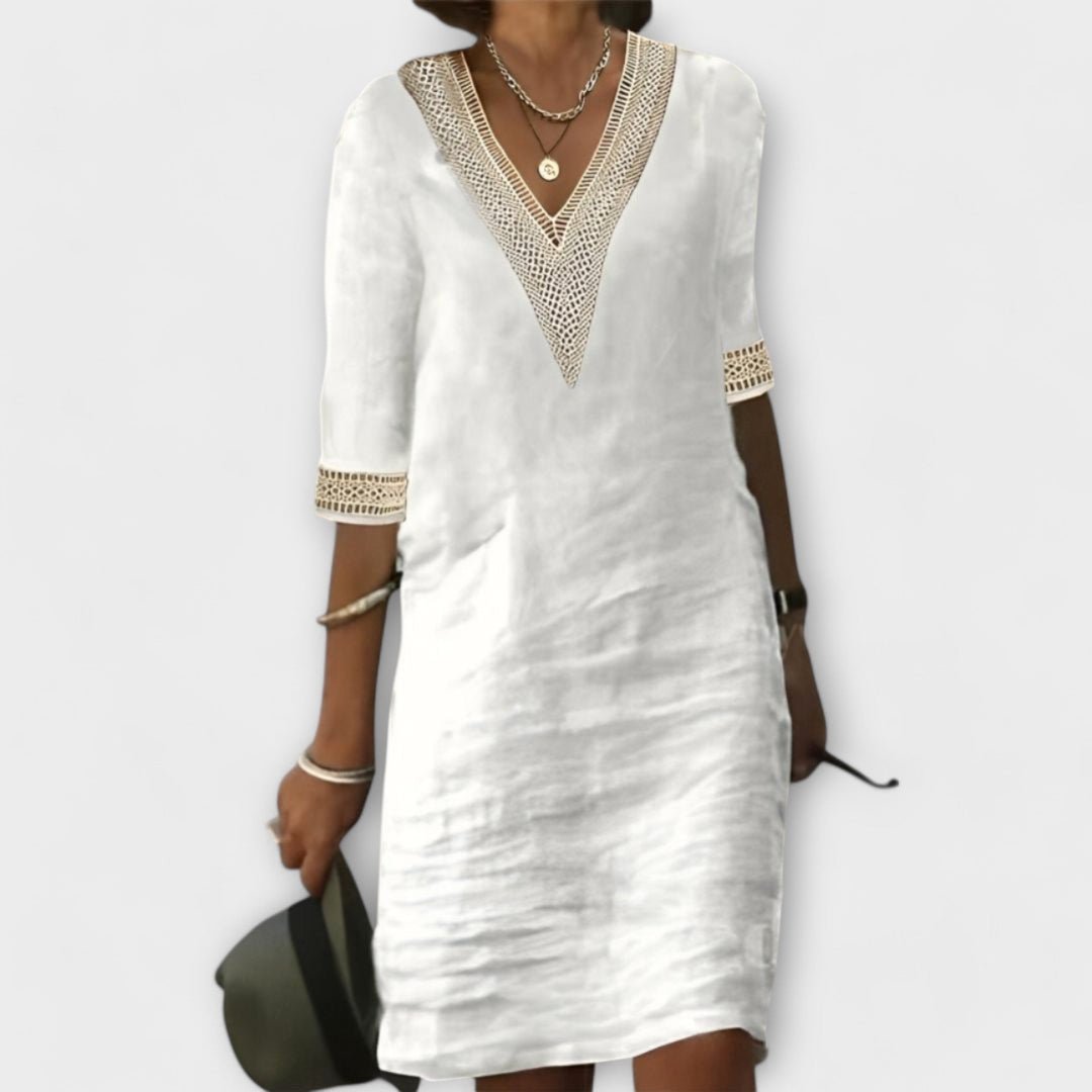 Boho Crochet Dress V-Neck 3/4 Sleeve Relaxed Fit - White