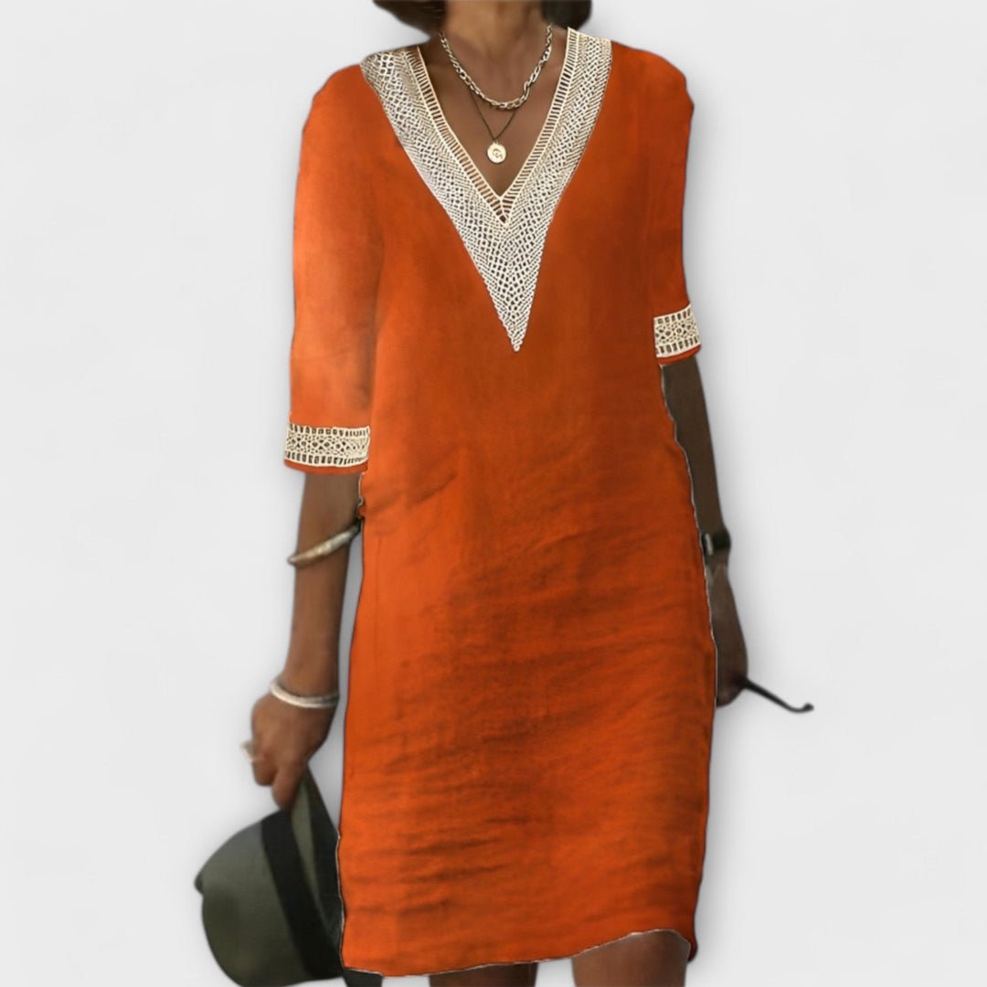 Boho Crochet Dress V-Neck 3/4 Sleeve Relaxed Fit - Orange