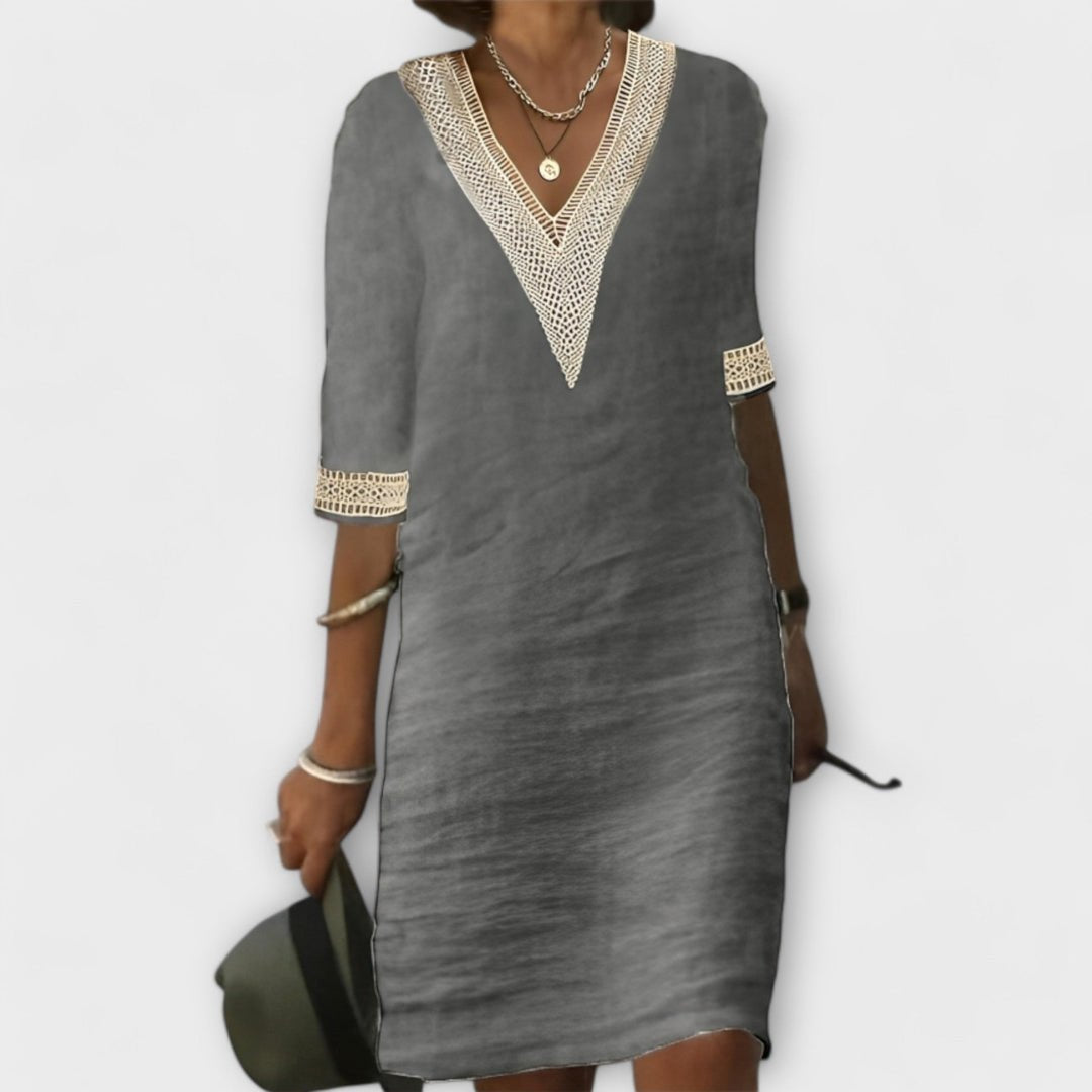 Boho Crochet Dress V-Neck 3/4 Sleeve Relaxed Fit - Gray