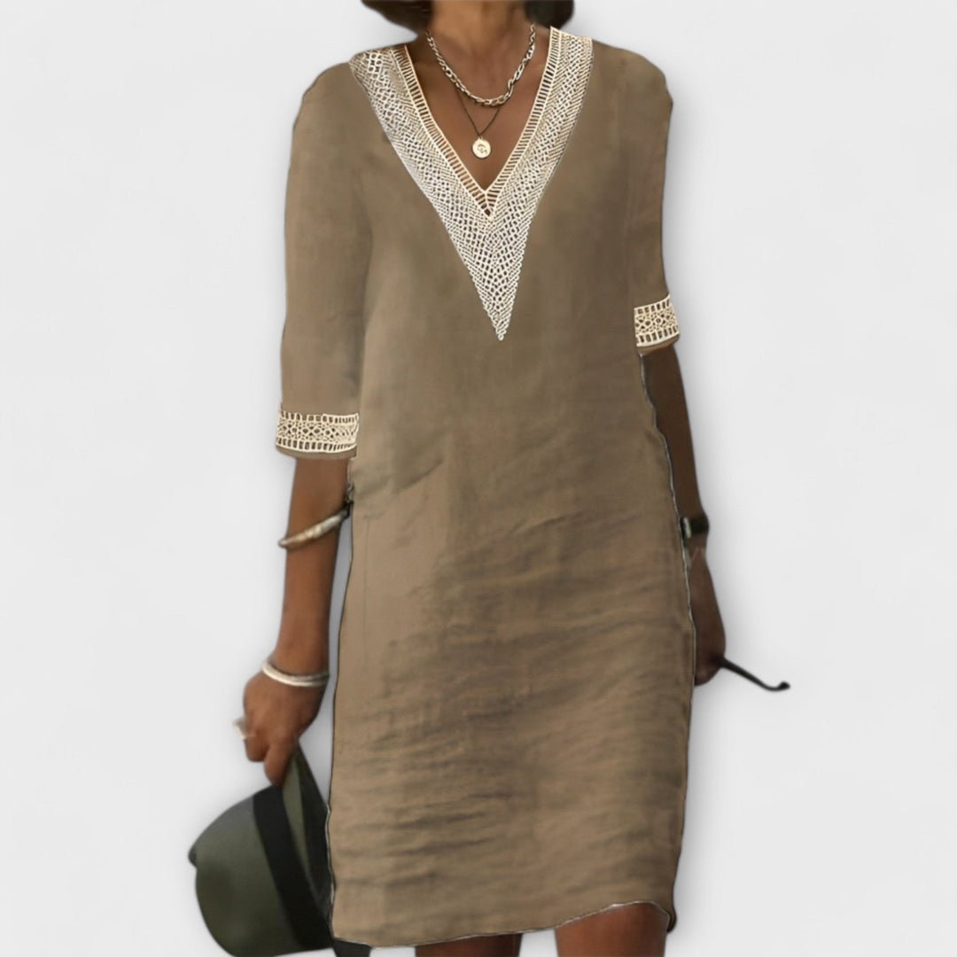 Boho Crochet Dress V-Neck 3/4 Sleeve Relaxed Fit - Khaki