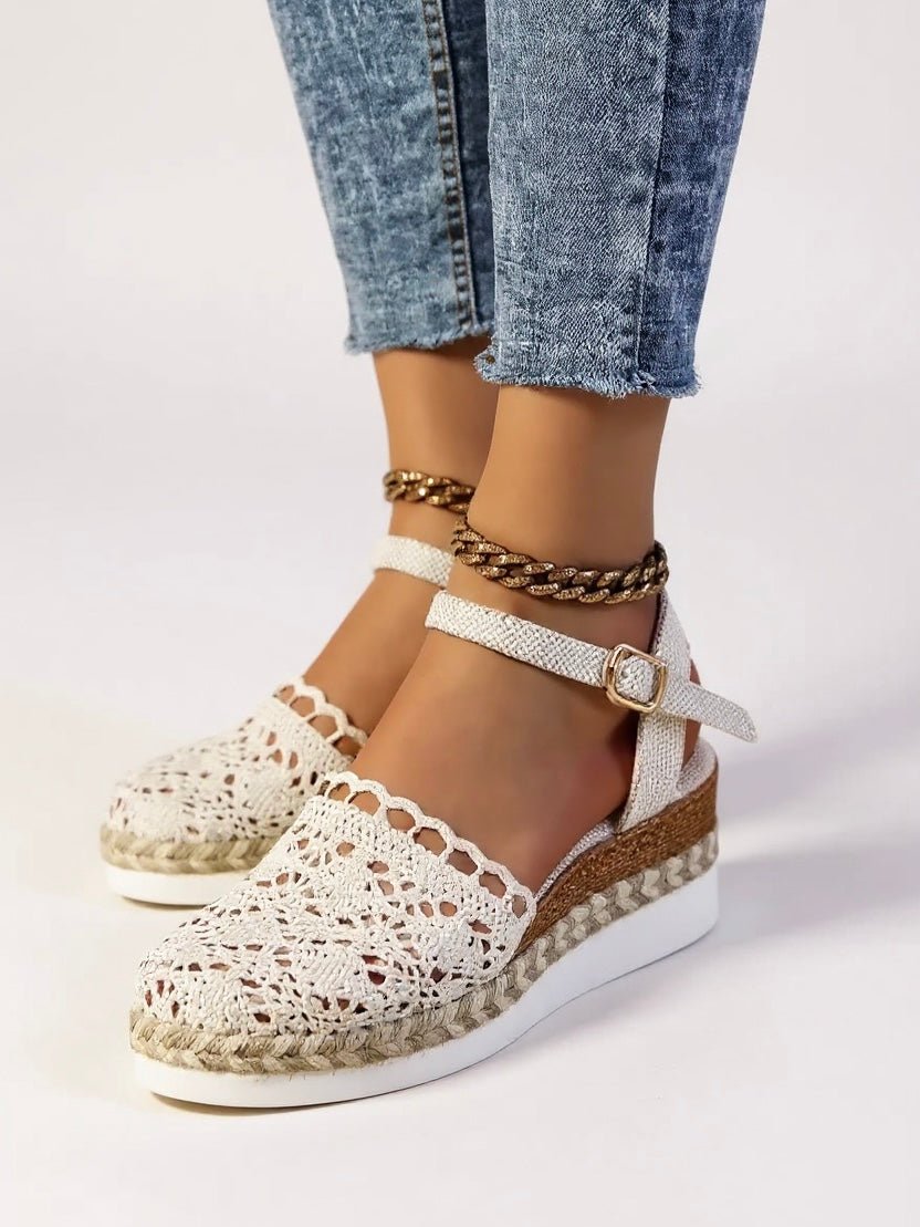 Boho Crochet Platform Sandals Women's Woven Ankle Strap - Beige