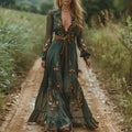 Boho Floral Maxi Dress V-Neck Long Sleeve Pleated - Green (Almost Sold Out)