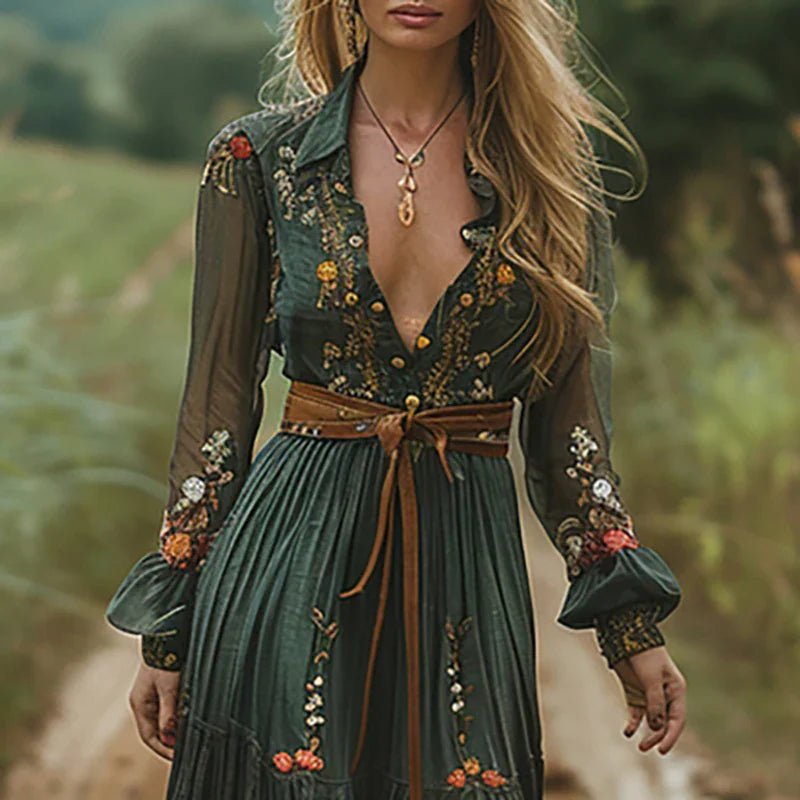 Boho Floral Maxi Dress V-Neck Long Sleeve Pleated