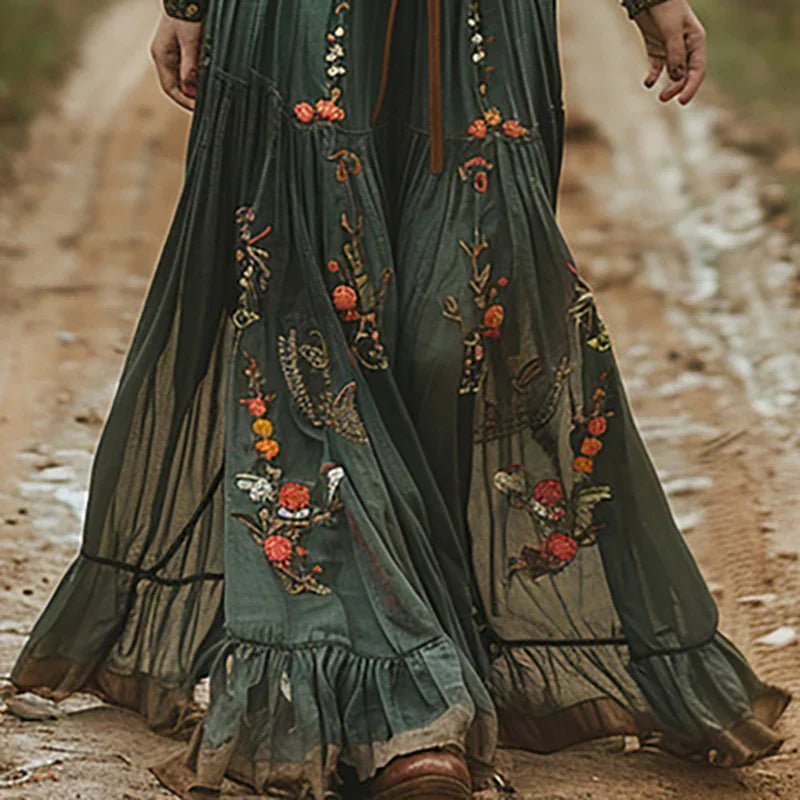 Boho Floral Maxi Dress V-Neck Long Sleeve Pleated
