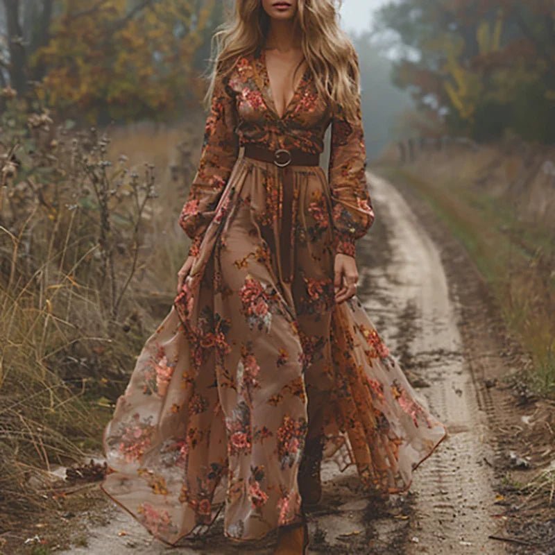 Boho Floral Maxi Dress V-Neck Long Sleeve Pleated - Dark Brown