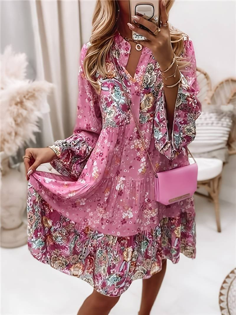 Boho Floral Midi Dress Long Sleeve V-Neck - Pink