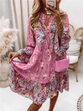 Boho Floral Midi Dress Long Sleeve V-Neck - Pink